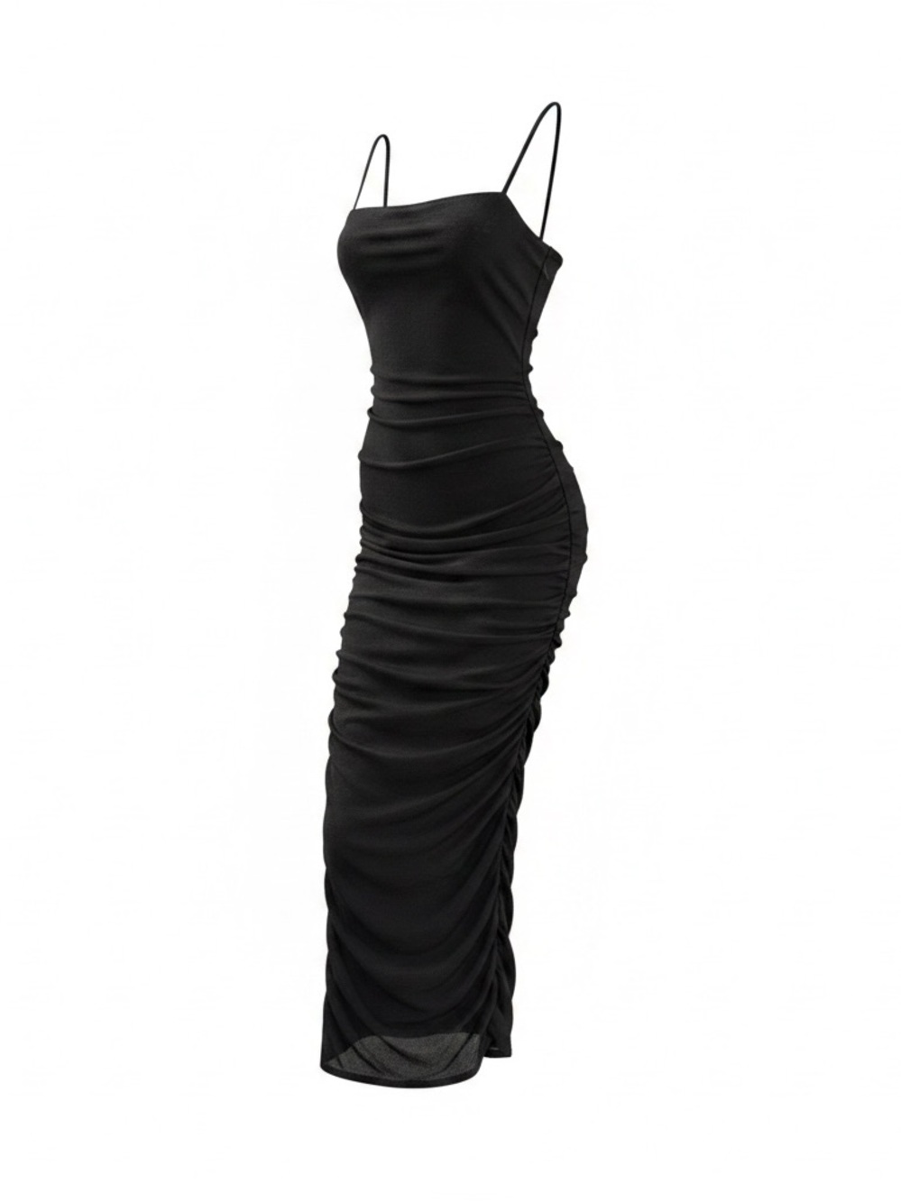 Black Ruched Spaghetti-Strap Maxi Dress